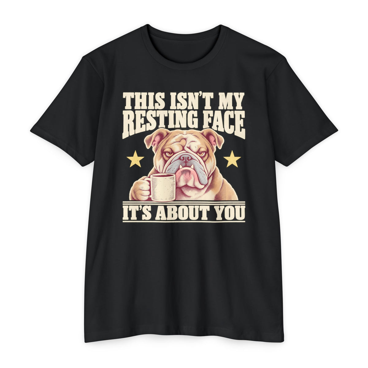 Black short-sleeve T-shirt with grumpy bulldog holding a coffee mug graphic