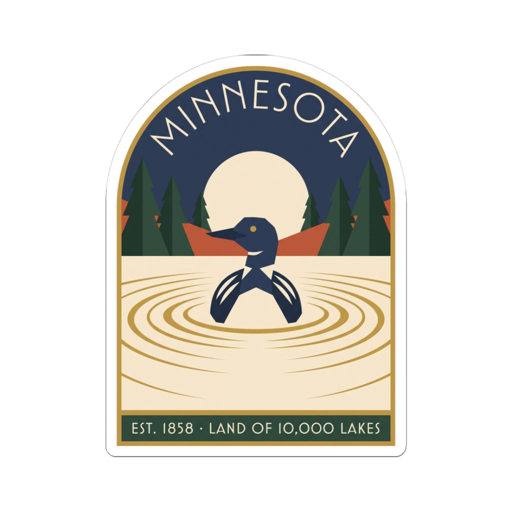 Minnesota loon sticker with art deco badge, lake ripples, pine trees, and “EST. 1858” text