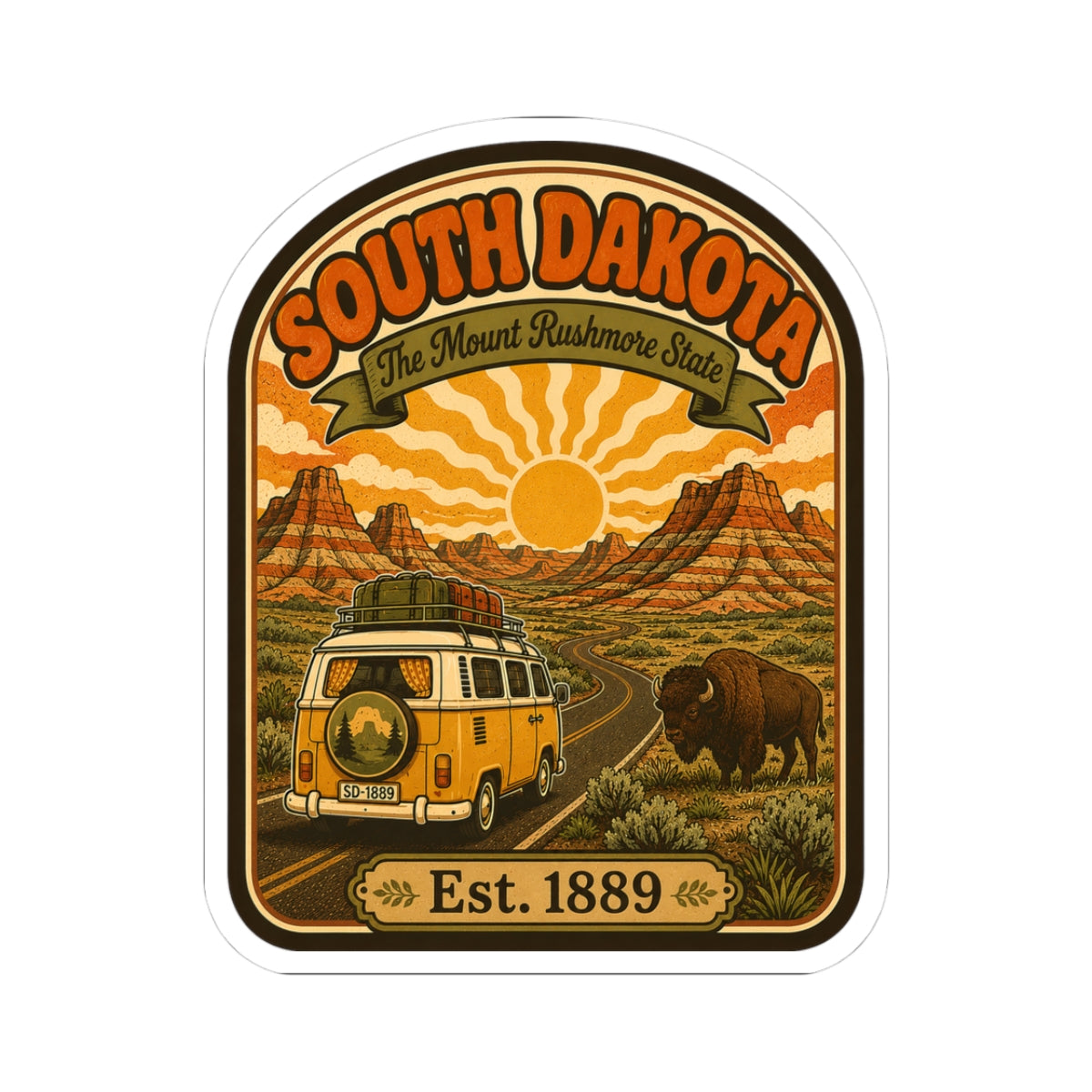 Die-cut South Dakota roadtrip sticker with vintage van, buffalo, mountains, and Est. 1889.