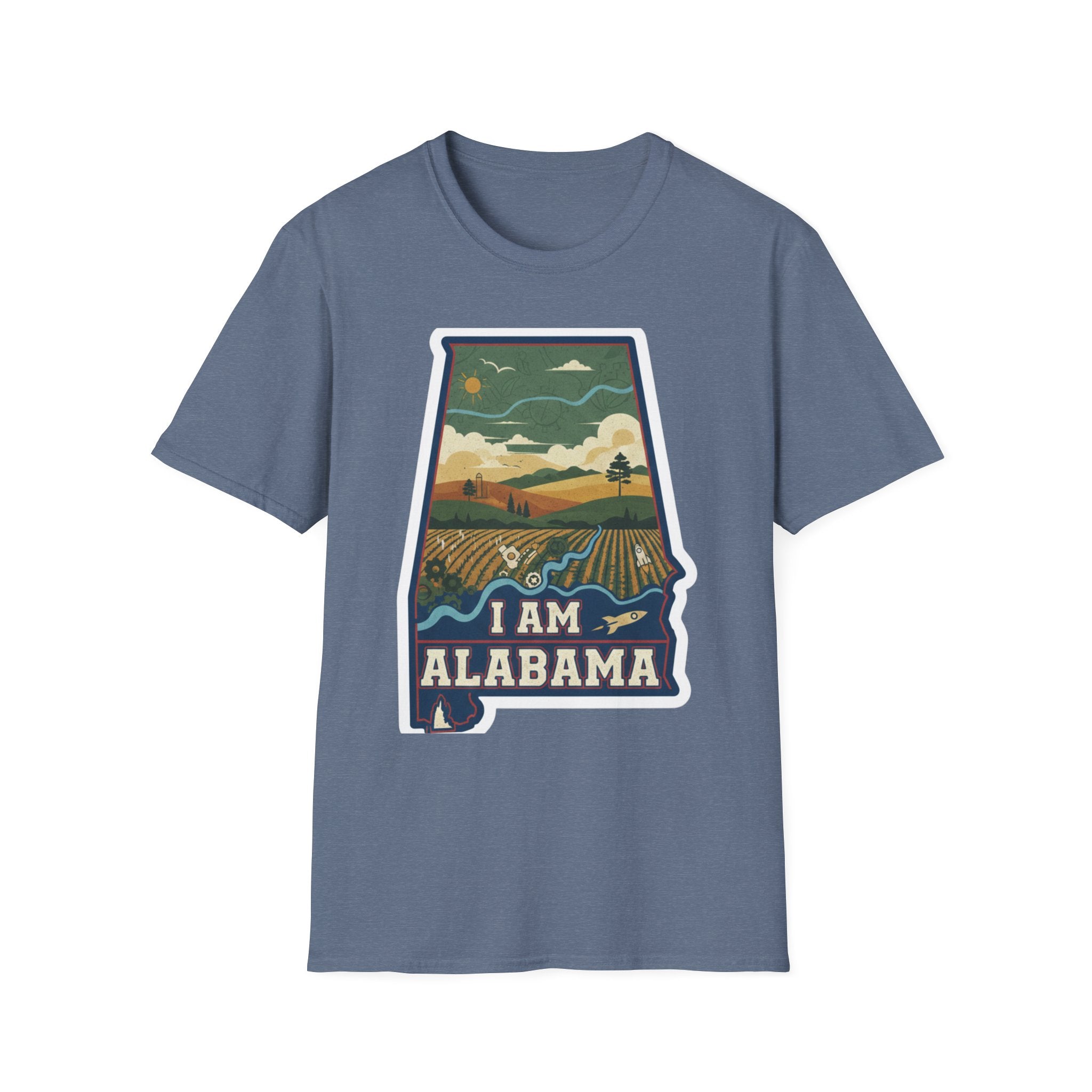 I Am Alabama T-shirt, blue/steel crew tee with “I AM ALABAMA” landscape state graphic