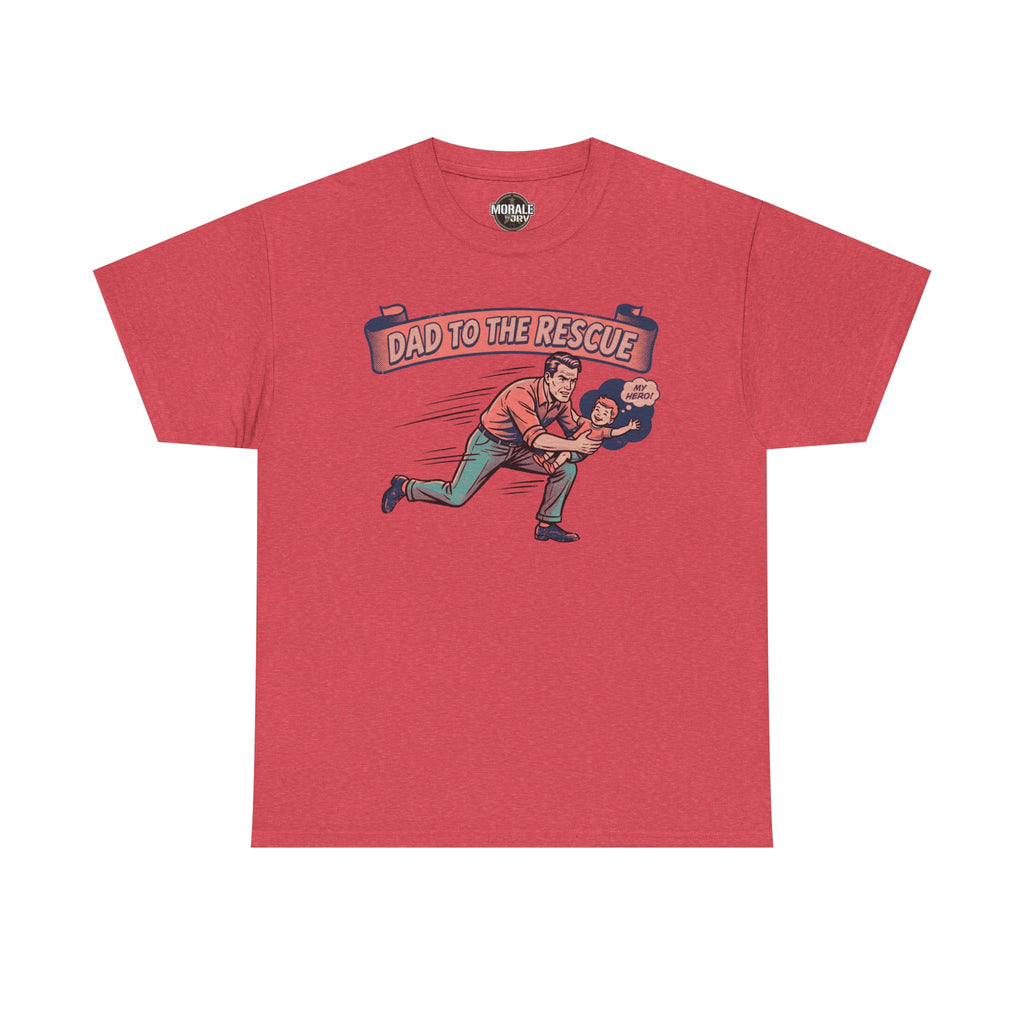 Red “Dad to the Rescue” T-shirt with vintage running dad and “My hero” patch