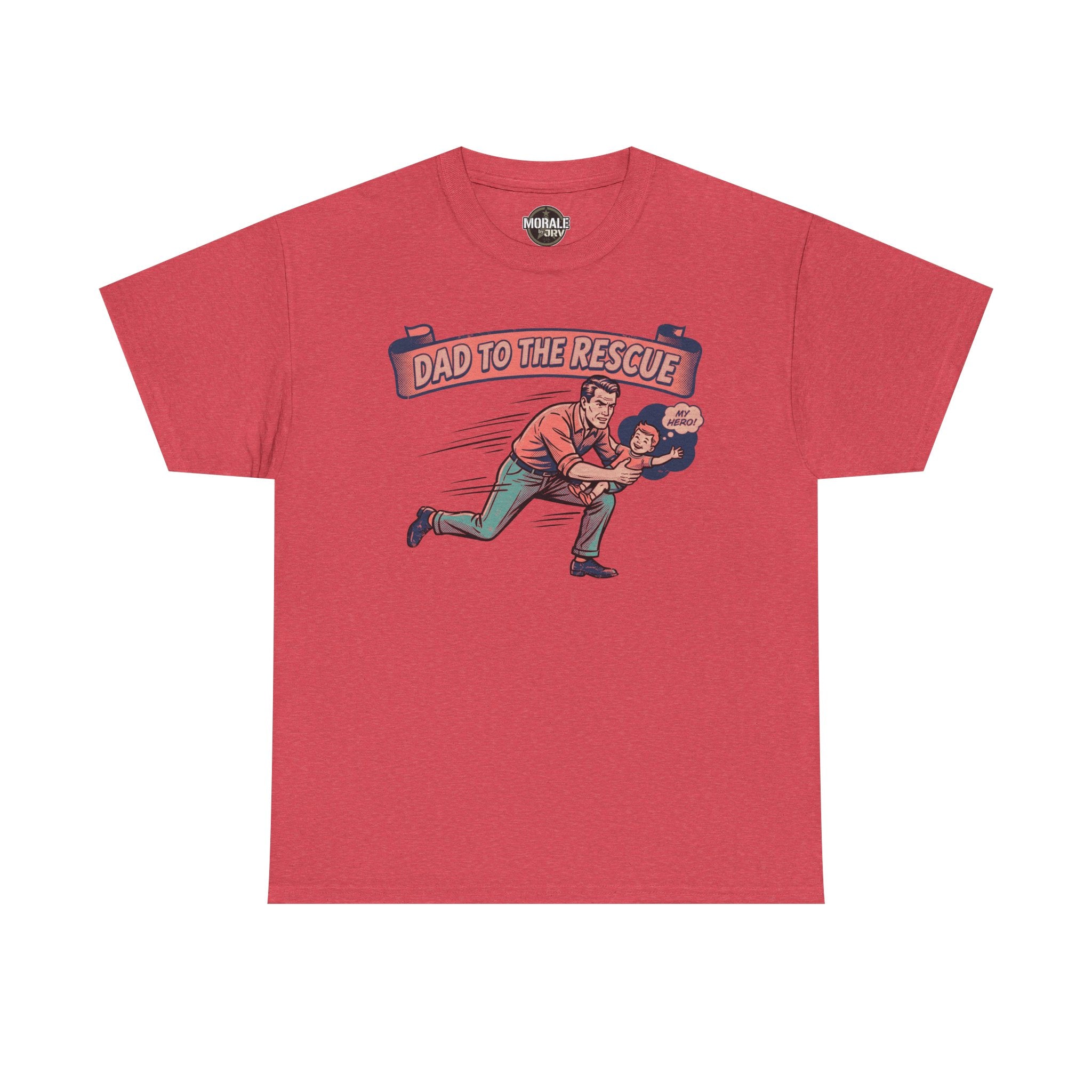 Red “Dad to the Rescue” T-shirt with vintage running dad and “My hero” patch
