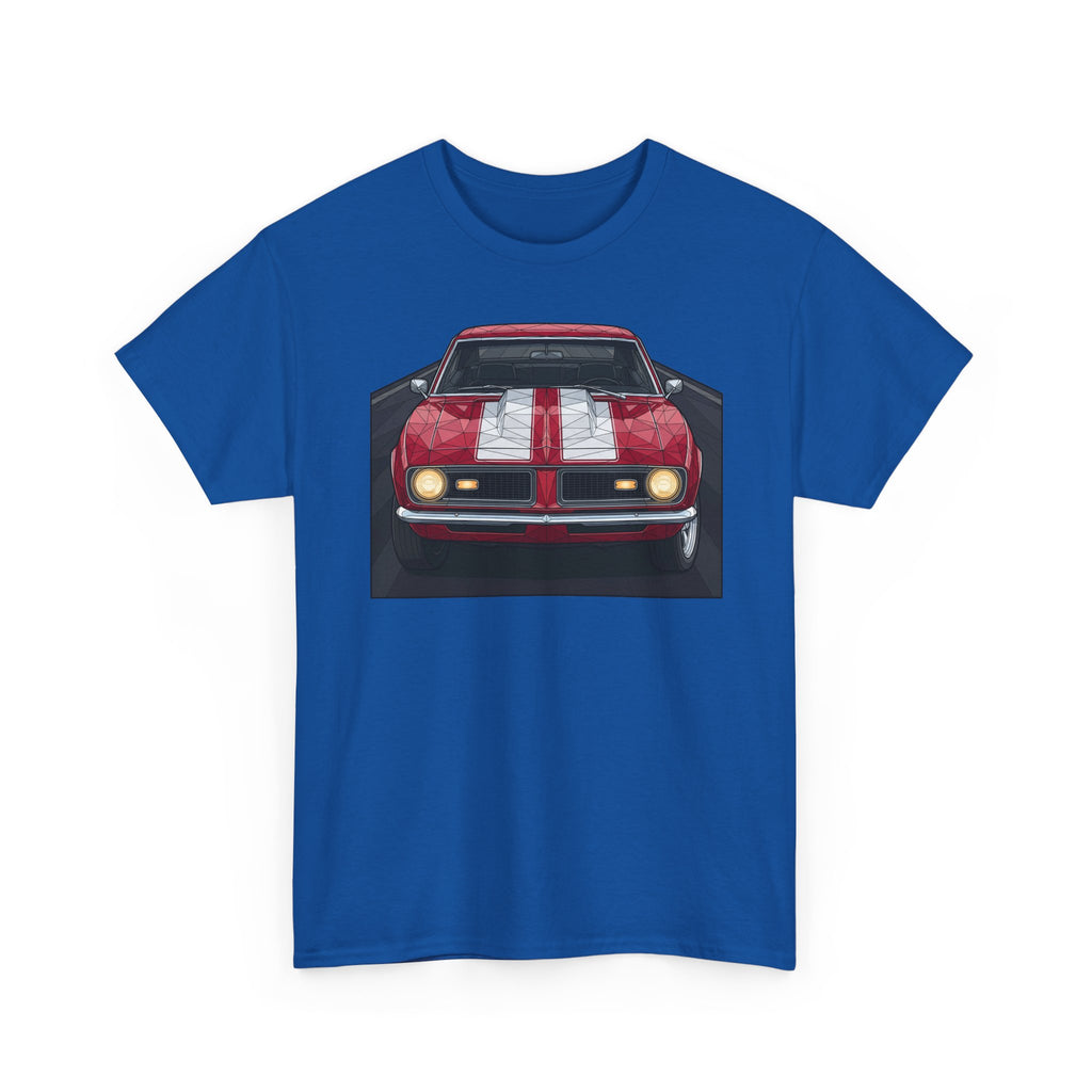 Royal blue T-shirt with vintage front red muscle car illustration on the chest