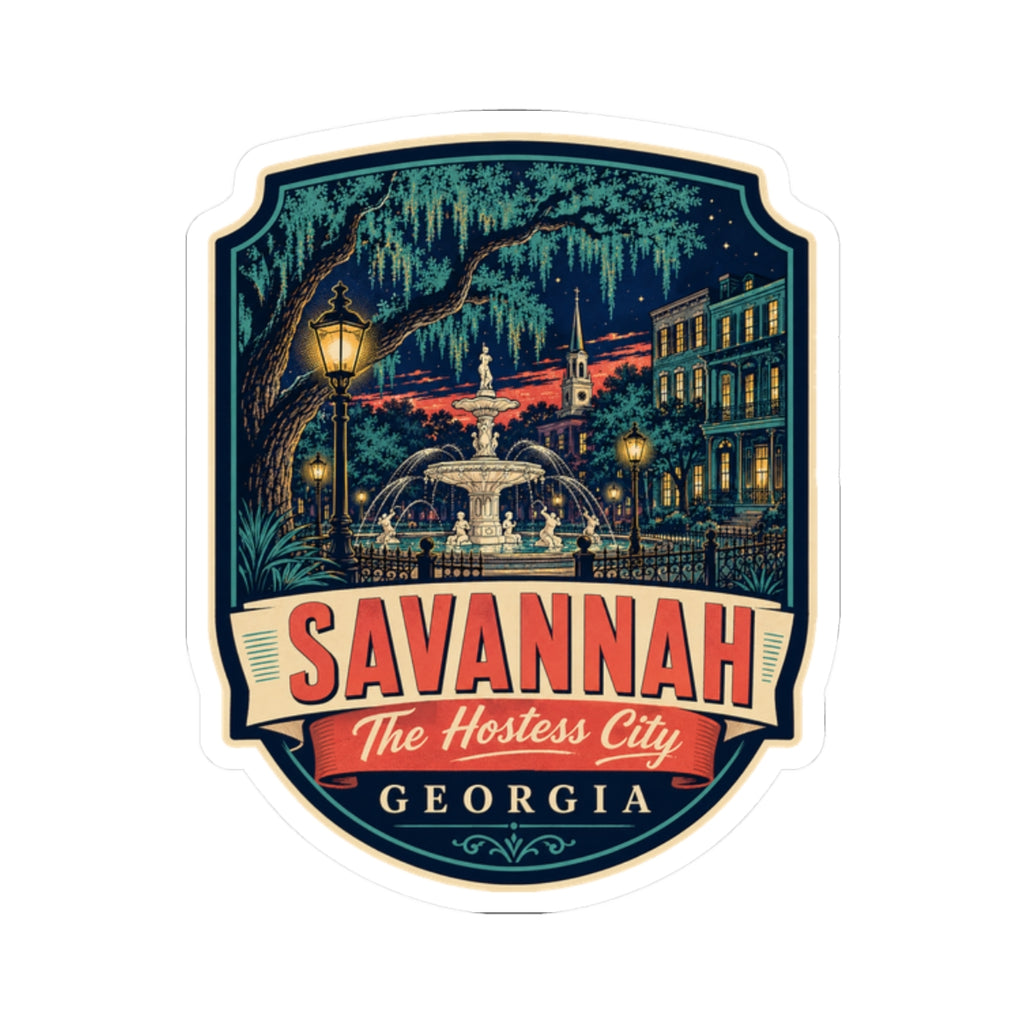 Savannah luggage tag sticker with fountain lights, SAVANNAH ribbon and GEORGIA text