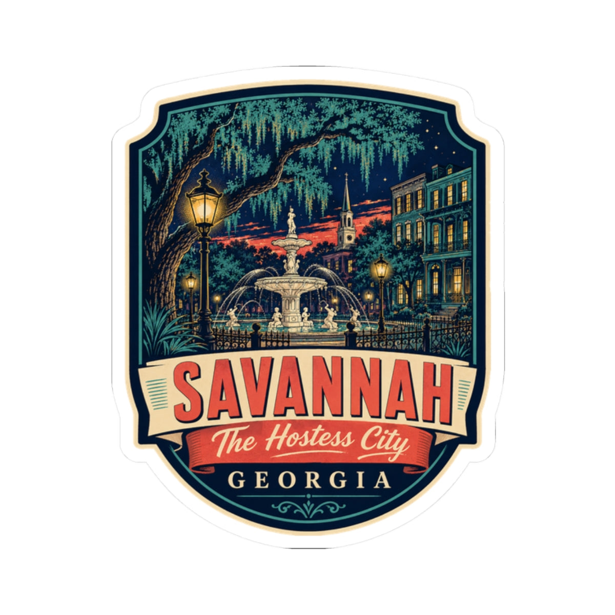 Savannah luggage tag sticker with fountain lights, SAVANNAH ribbon and GEORGIA text