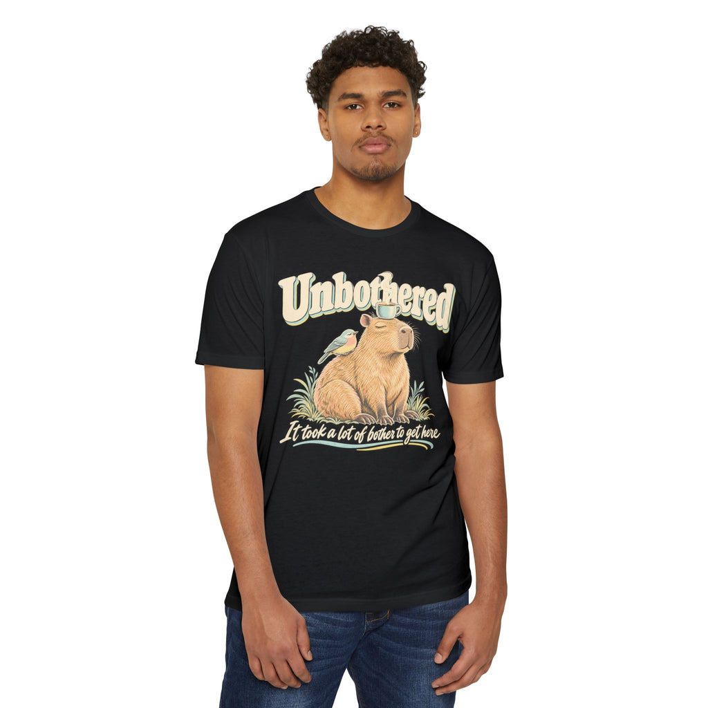 Black crew-neck T-shirt with capybara 'Unbothered' graphic on front