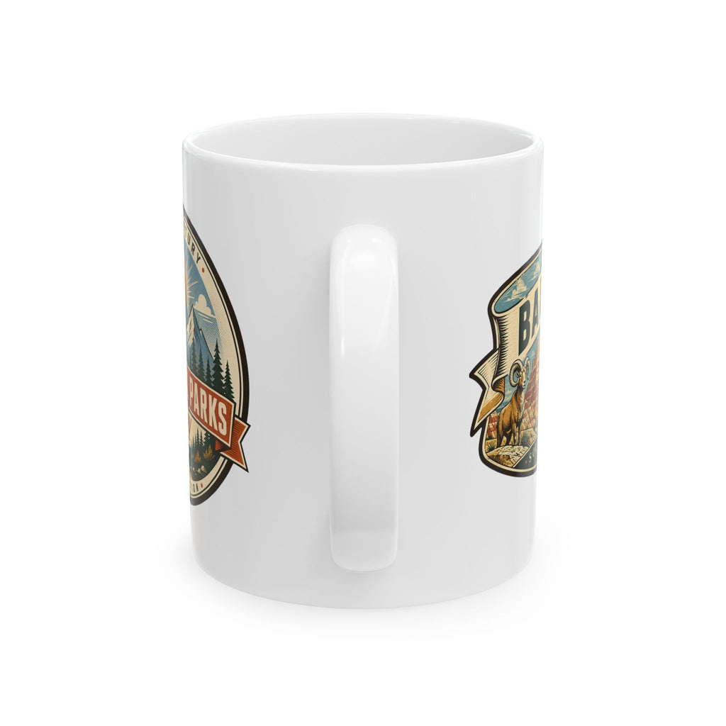 White ceramic mug showing two Badlands logos on the sides