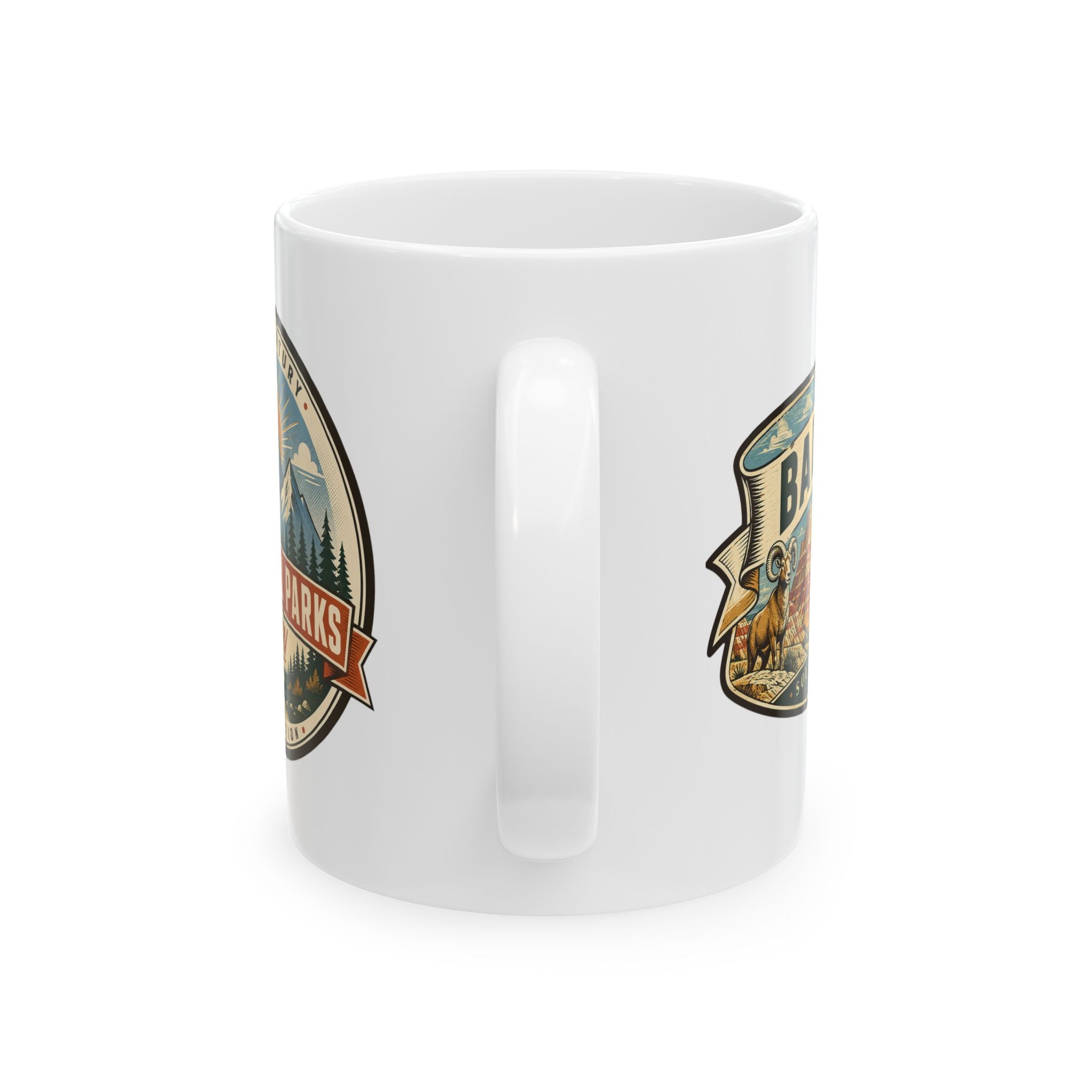White ceramic mug showing two Badlands logos on the sides