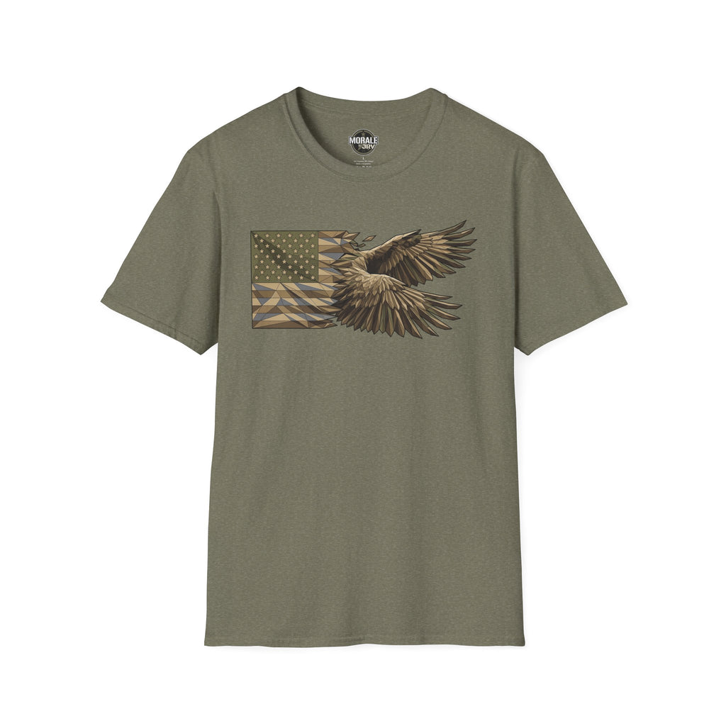 Patriotic camouflage T-shirt in military green with soaring bald eagle graphic