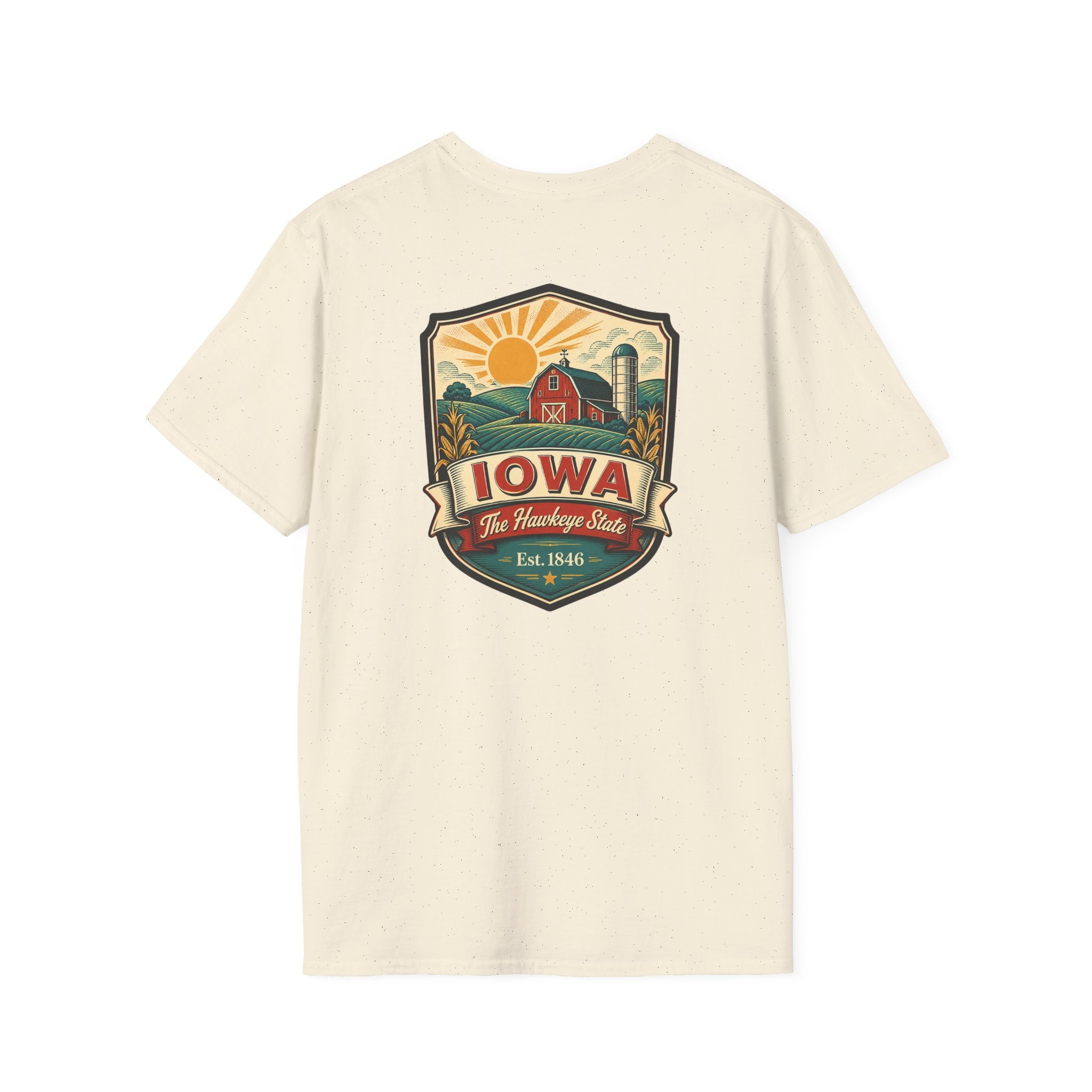 Natural (cream) Iowa travel badge T-shirt with front graphic logo print