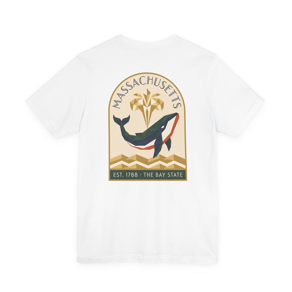 White T-shirt with whale and Massachusetts emblem graphic