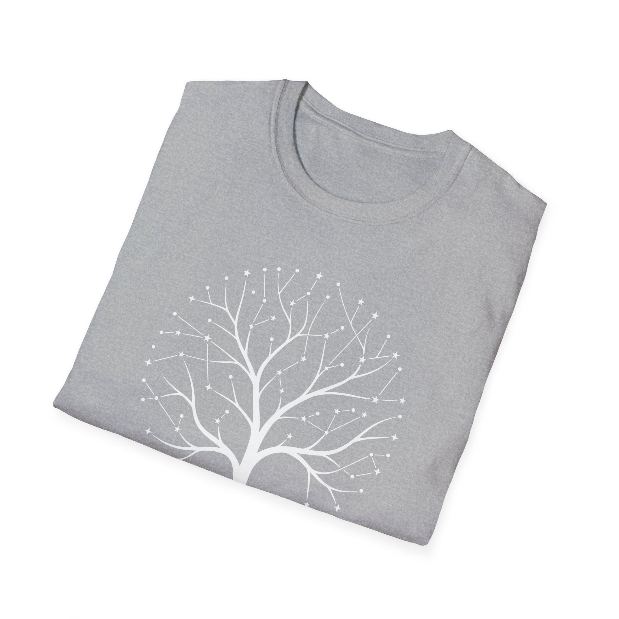 Heathery grey T-shirt with white tree-of-life star graphic on the front