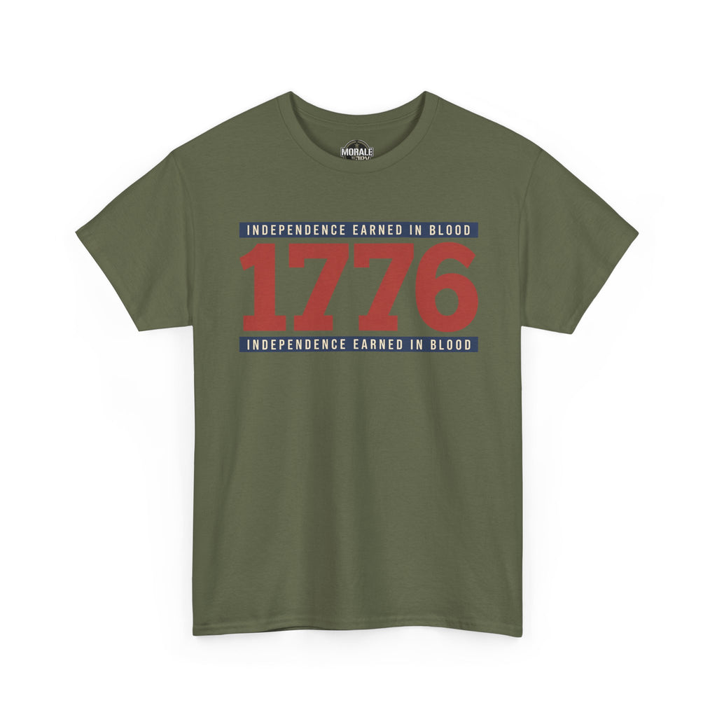 Olive green T-shirt with 1776 graphic and patriotic text on chest
