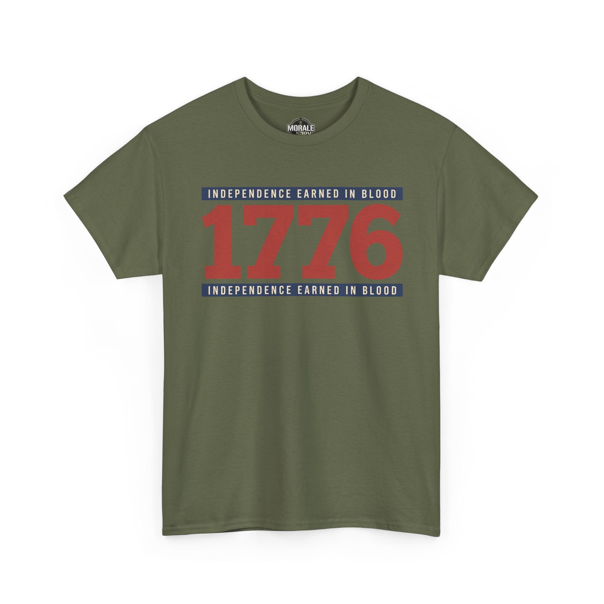 Olive green T-shirt with 1776 graphic and patriotic text on chest