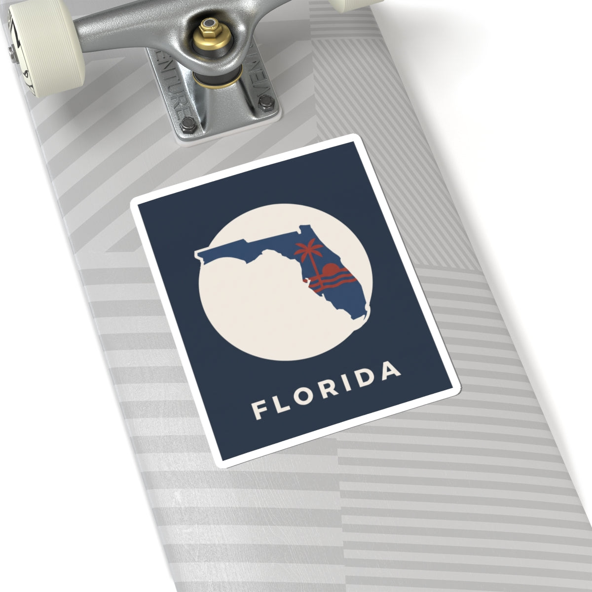 Florida suitcase luggage sticker: blue square with white circle, Florida outline and red palm