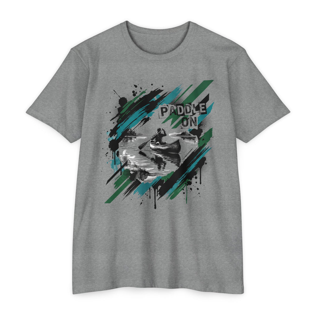 Heather gray kayaking paddle-on t-shirt with splash canoe graphic on chest