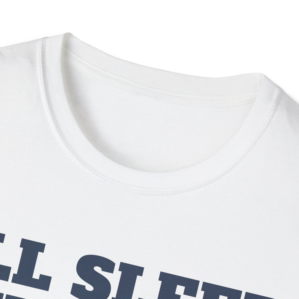 White crewneck T-shirt collar close-up, partial bold text visible near the bottom.