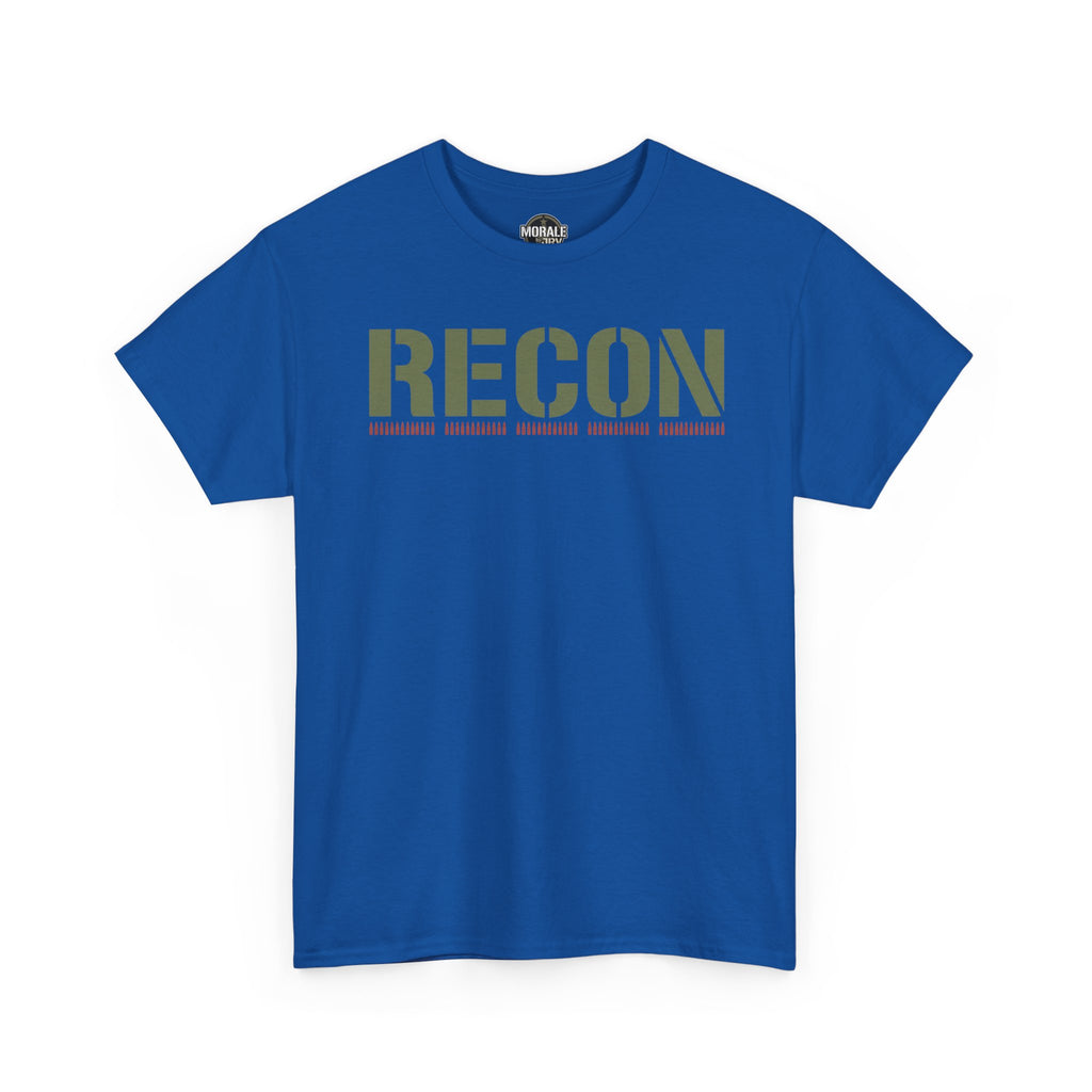 Royal blue RECON stencil text T-shirt with camo-style letter print