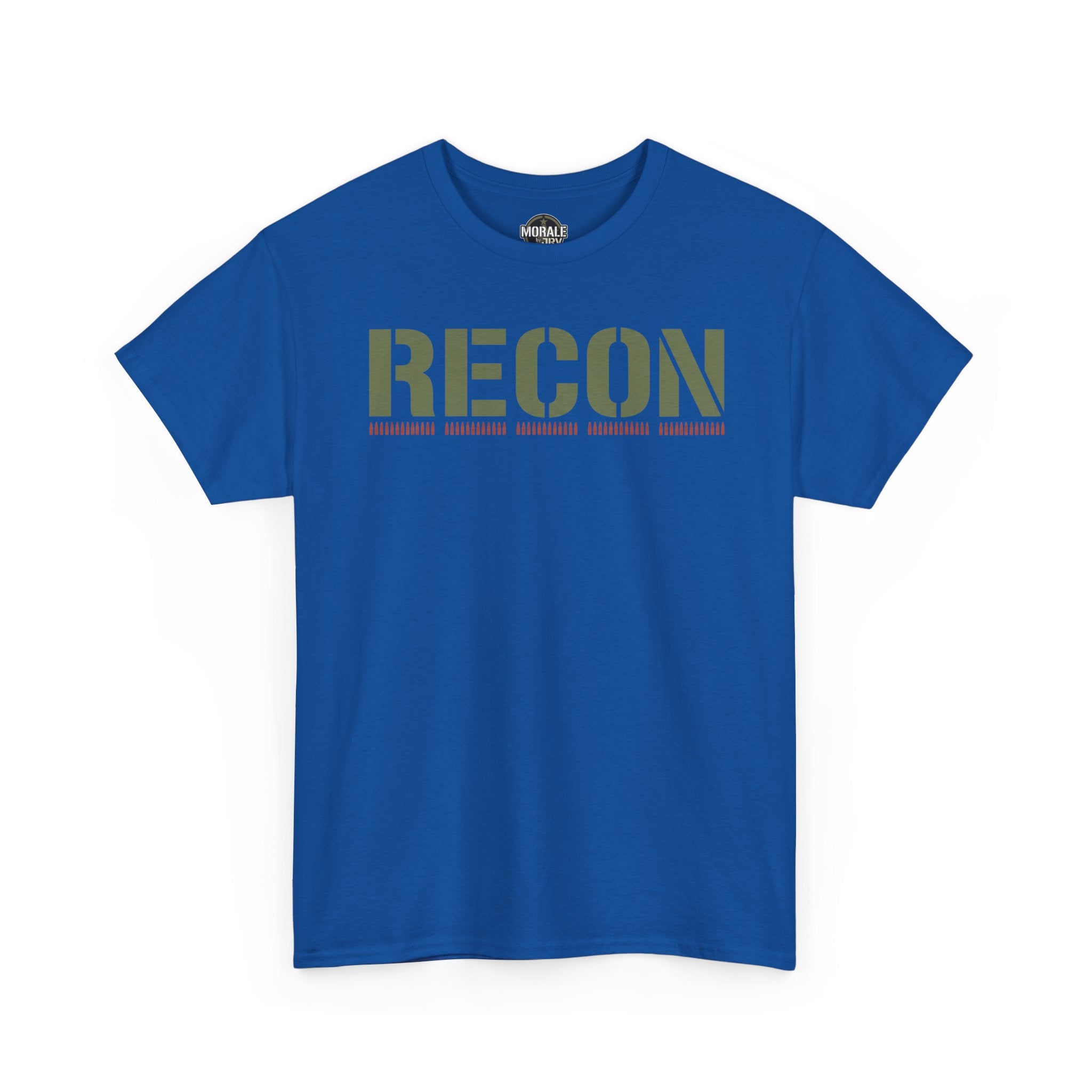Royal blue RECON stencil text T-shirt with camo-style letter print