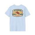 Light blue Wyoming graphic T-shirt with cowboy hat banner and landscape logo at chest