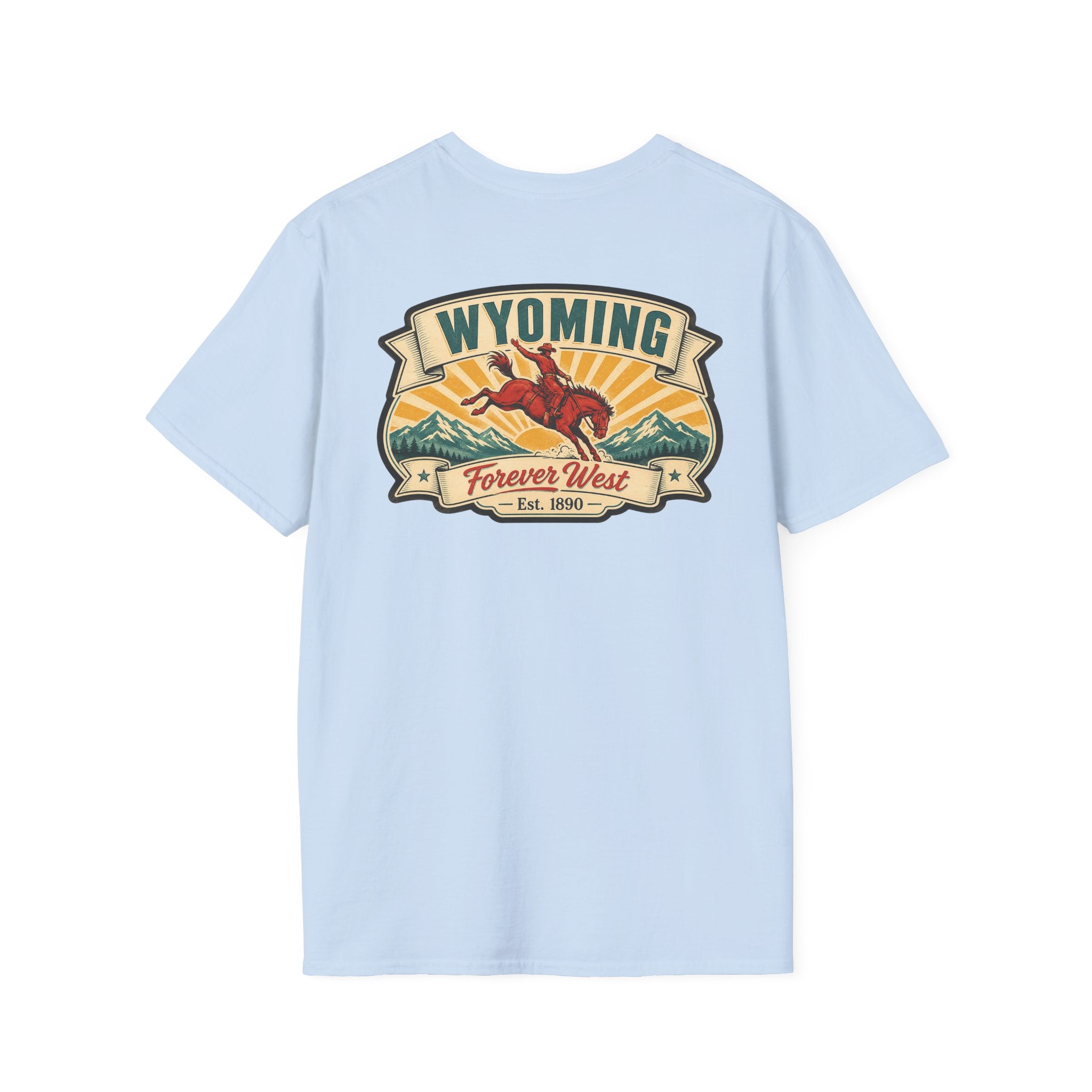 Light blue Wyoming graphic T-shirt with cowboy hat banner and landscape logo at chest