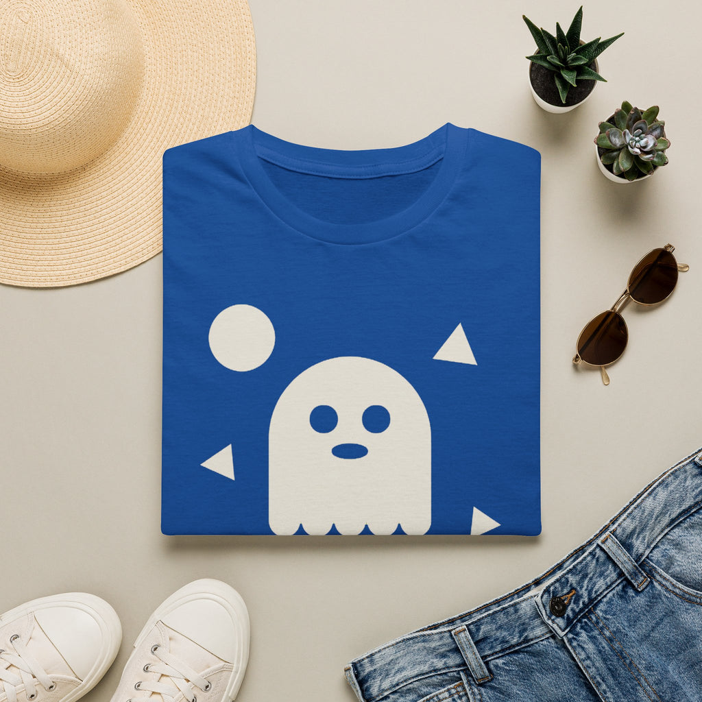 Royal blue T-shirt with white ghost face graphic and small triangle accents