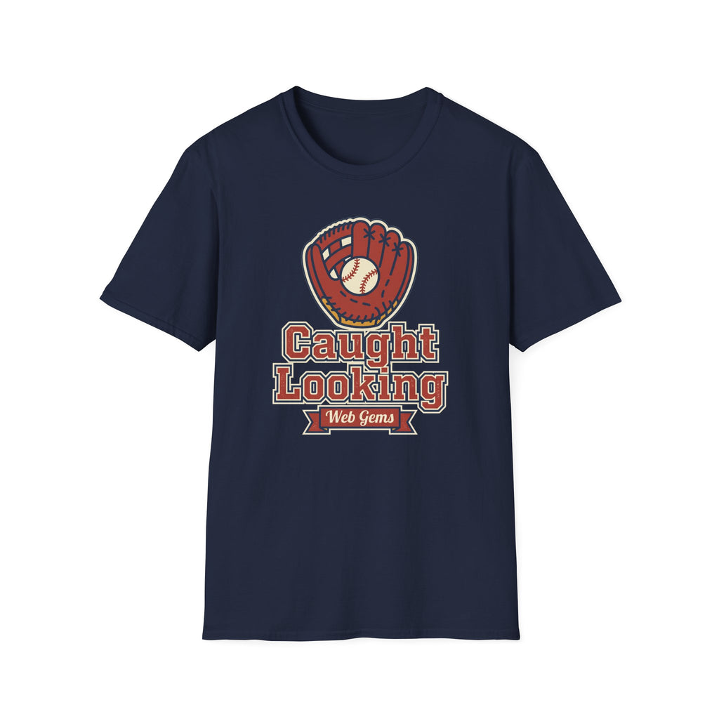 Navy baseball T-shirt with centered glove graphic and “Caught Looking” logo