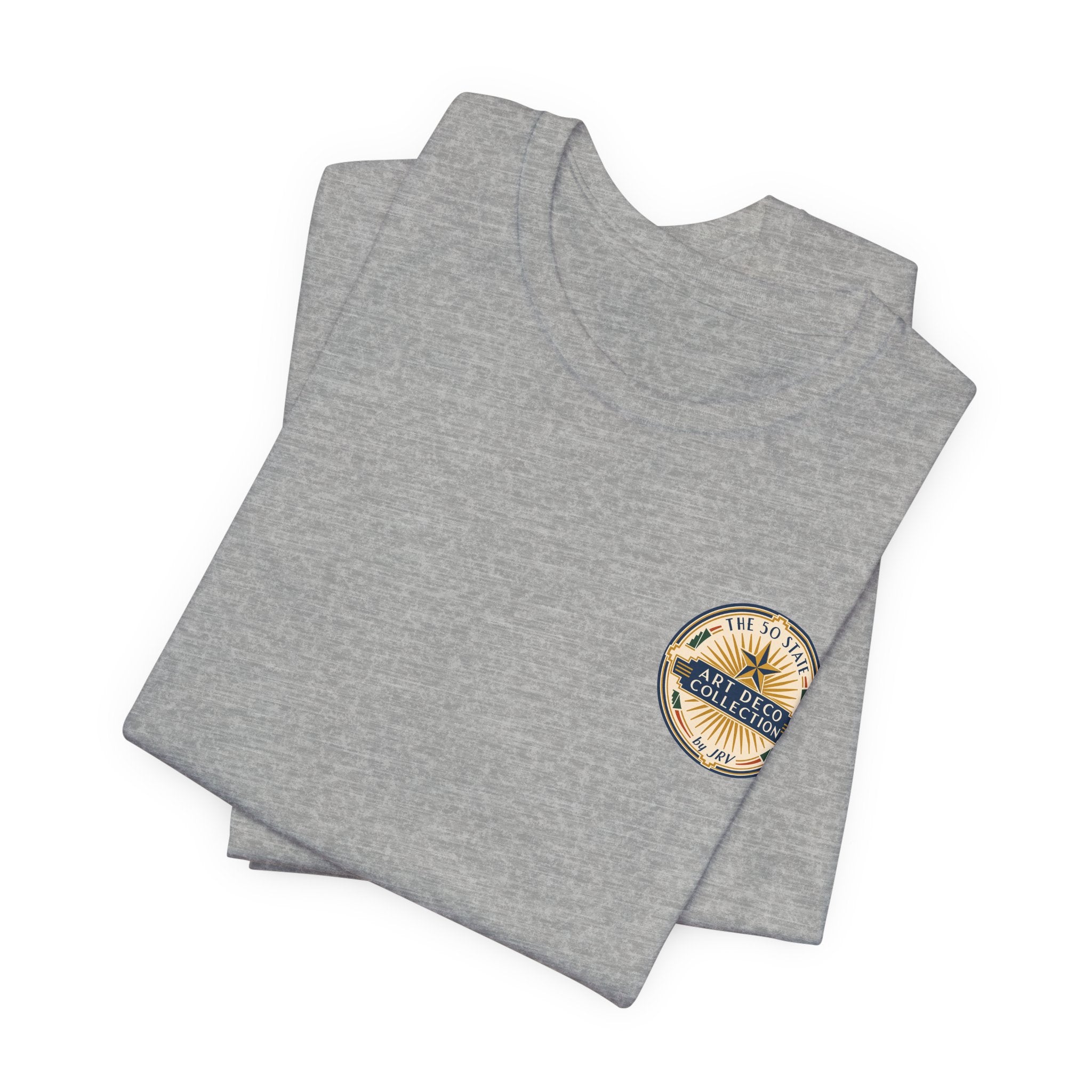 Heather gray t-shirt stack with small round badge logo on chest