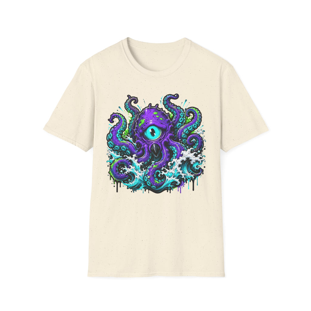 Light cream crew-neck short-sleeve T-shirt with purple octopus eye front graphic