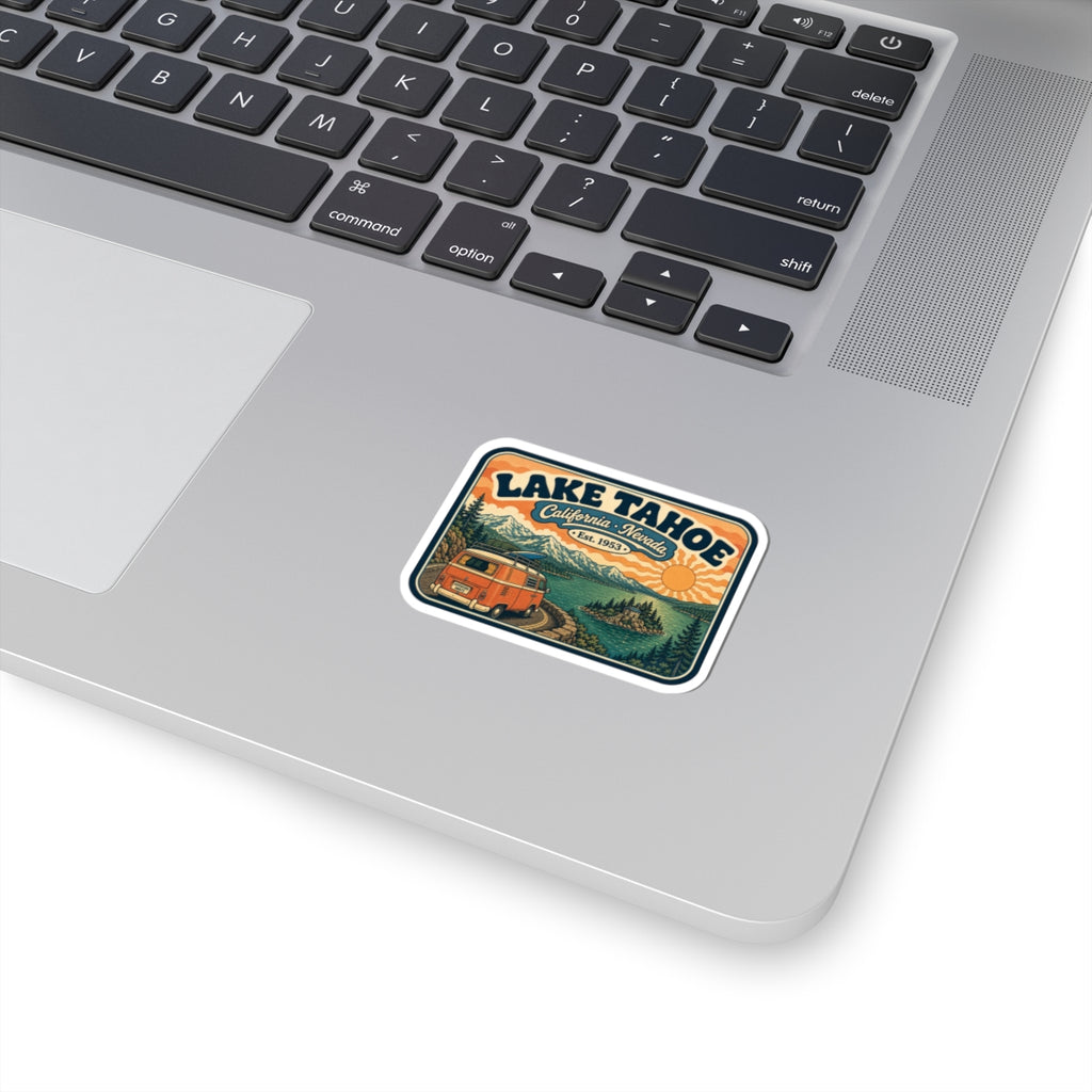 Lake Tahoe camper van retro badge sticker on white laptop