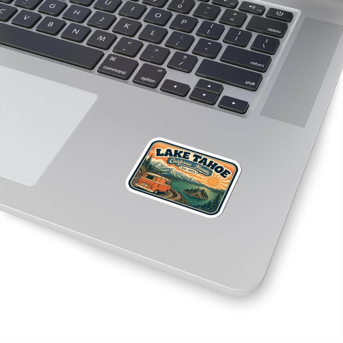 Lake Tahoe camper van retro badge sticker on white laptop