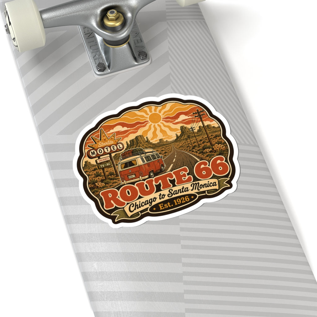 Route 66 decal: red van on road with orange desert rays and Chicago to Santa Monica