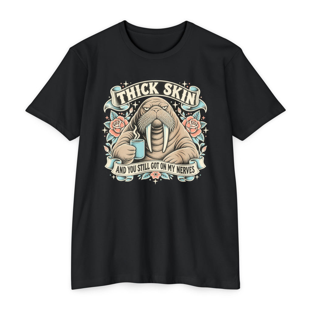 Walrus graphic t-shirt in black with front chest logo and banner text