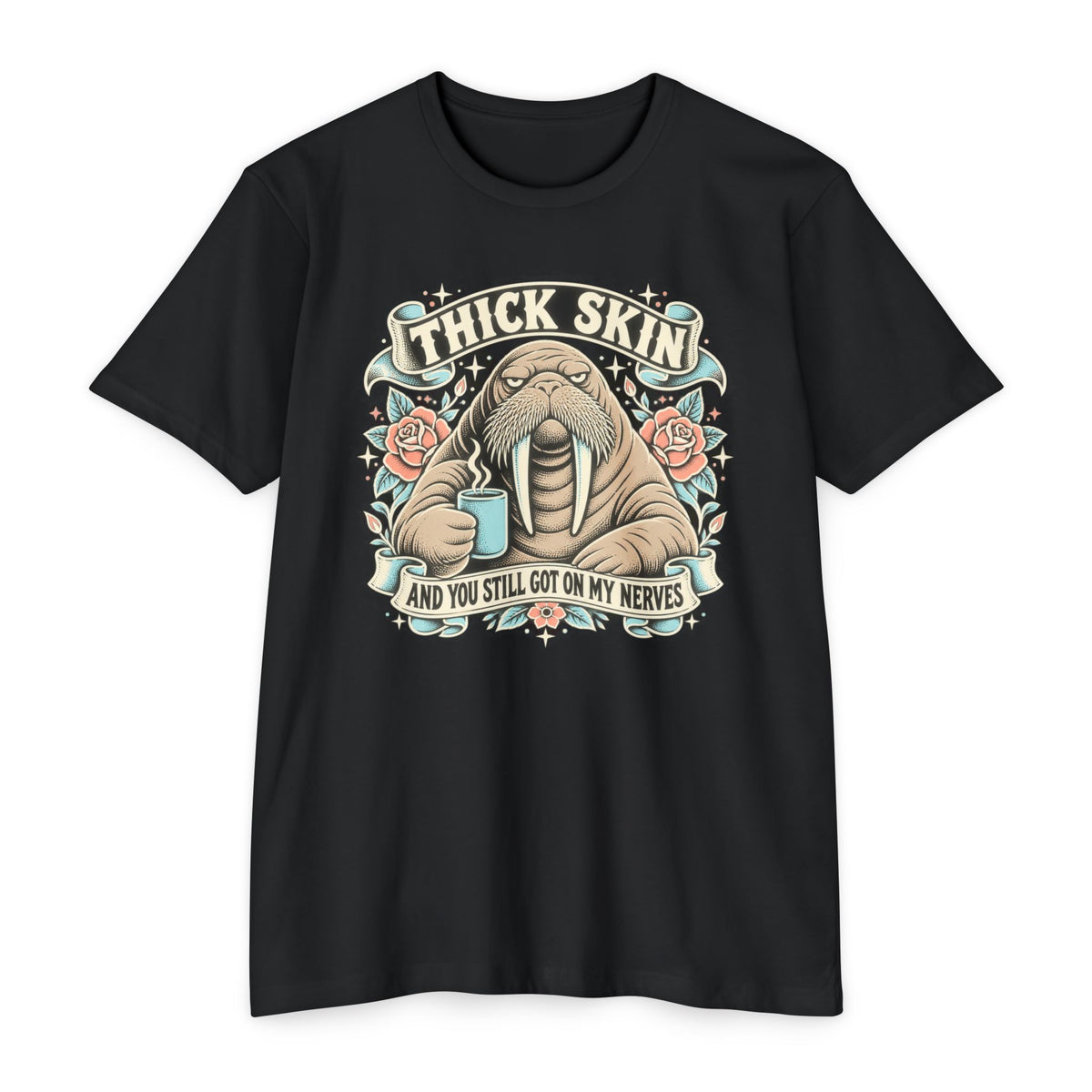 Walrus graphic t-shirt in black with front chest logo and banner text