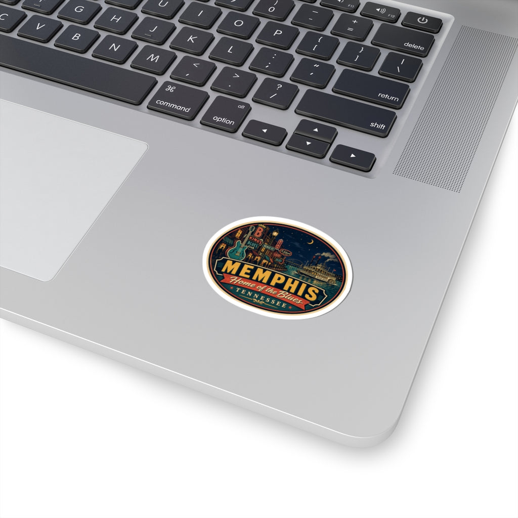 Luggage tag sticker with oval Memphis Tennessee design on laptop surface