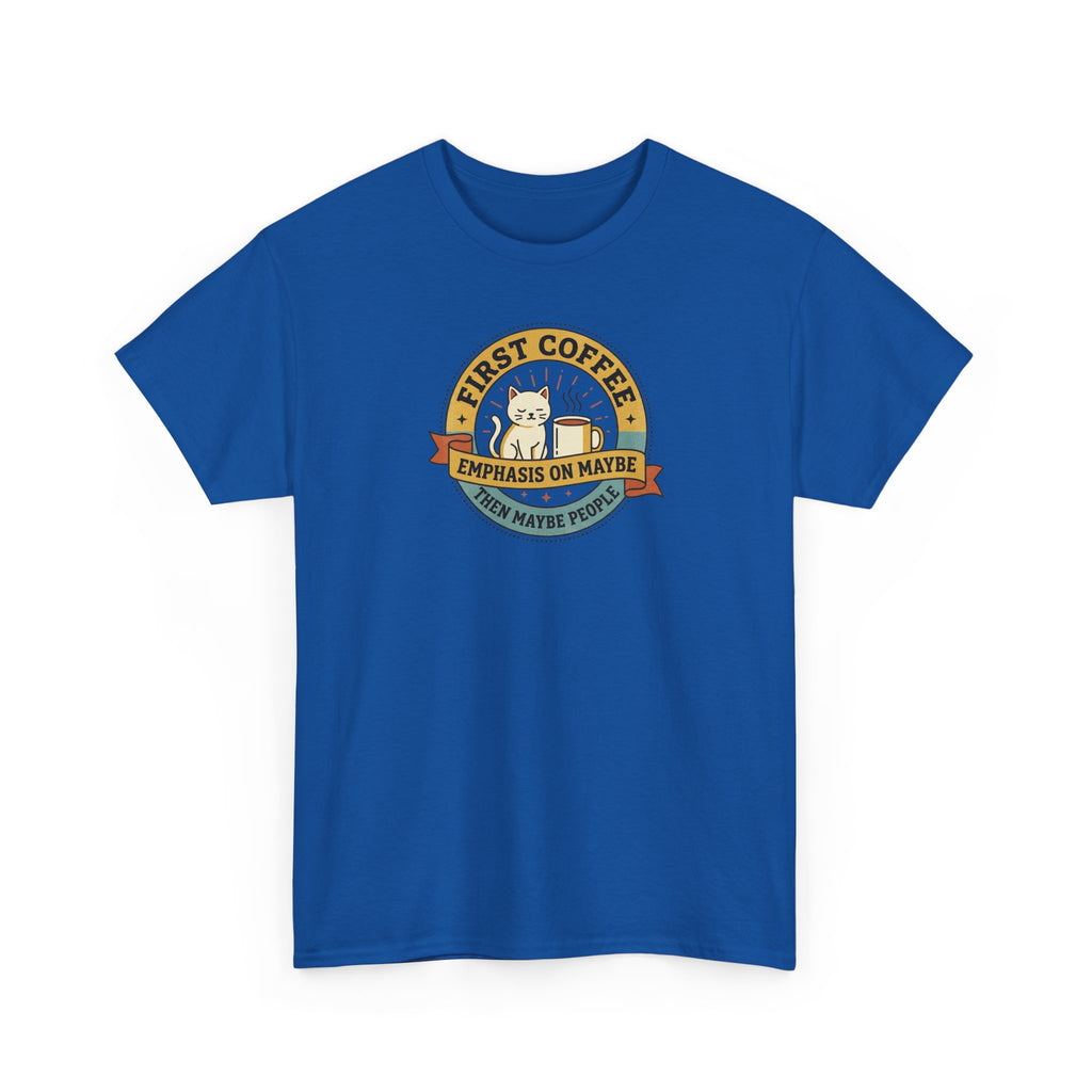 Royal blue crew-neck T-shirt with circular coffee-themed graphic on front.
