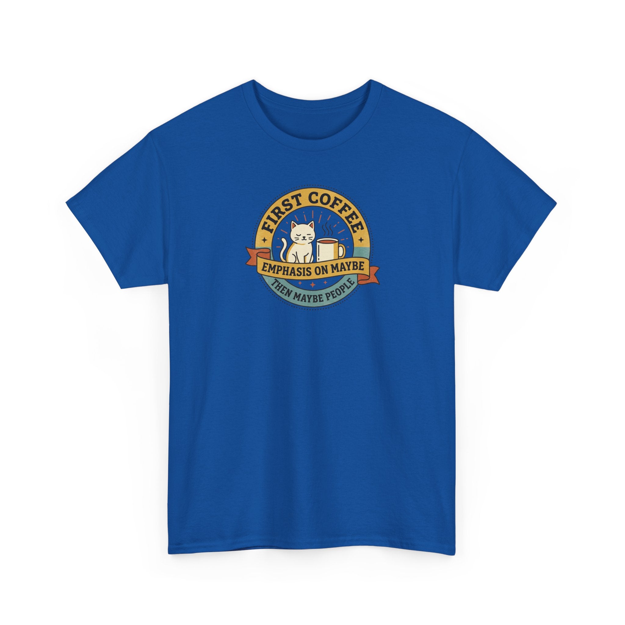 Royal blue crew-neck T-shirt with circular coffee-themed graphic on front.