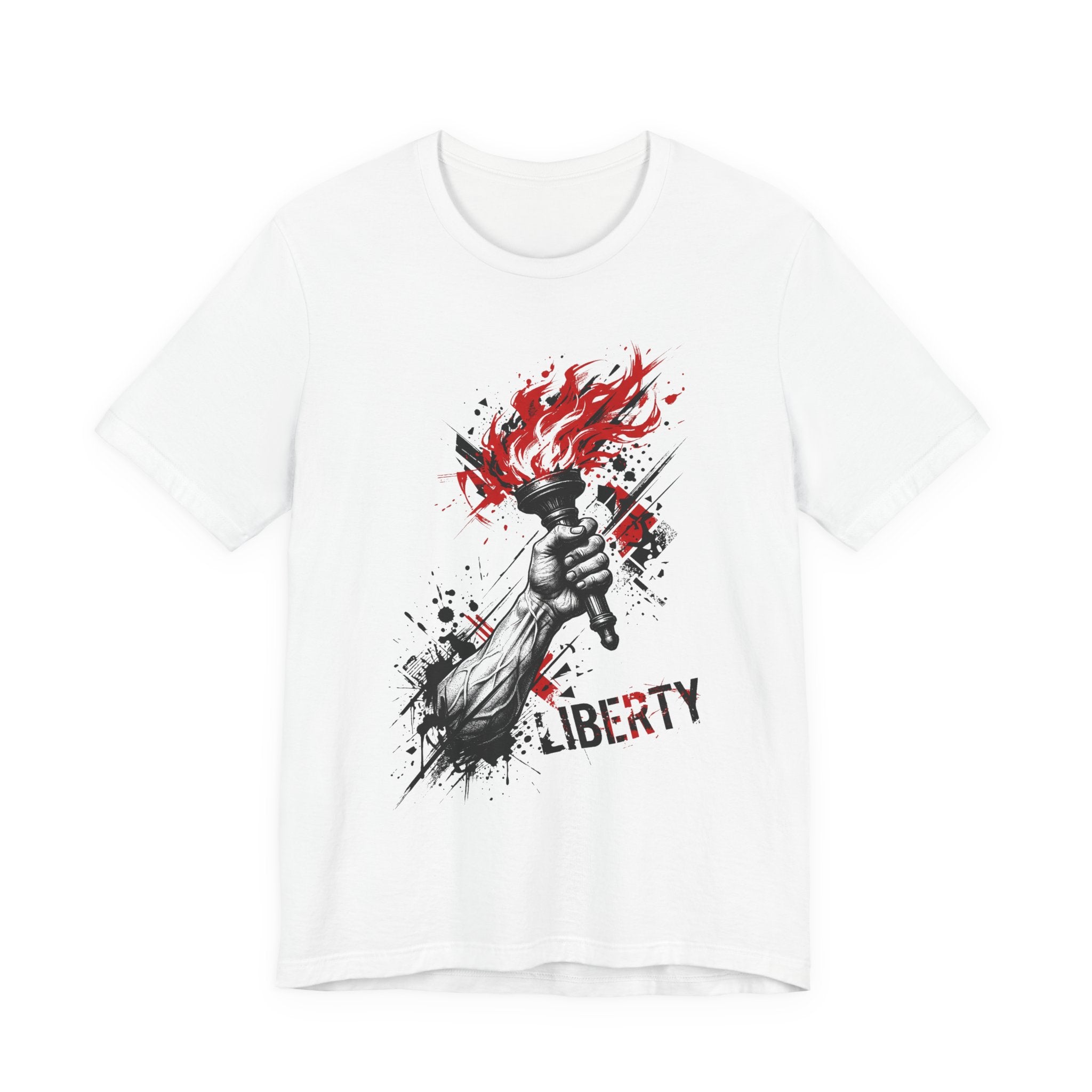 White crewneck T-shirt with flaming torch statue graphic and distressed “LIBERTY” text