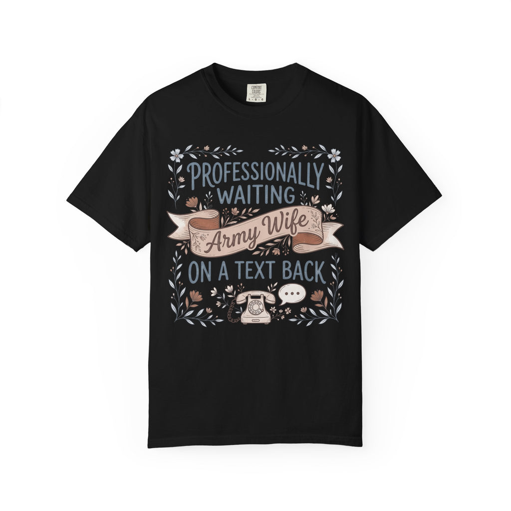 Black crew-neck T-shirt with floral “Professionally waiting” text and ribbon graphic