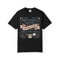 Black crew-neck T-shirt with floral “Professionally waiting” text and ribbon graphic