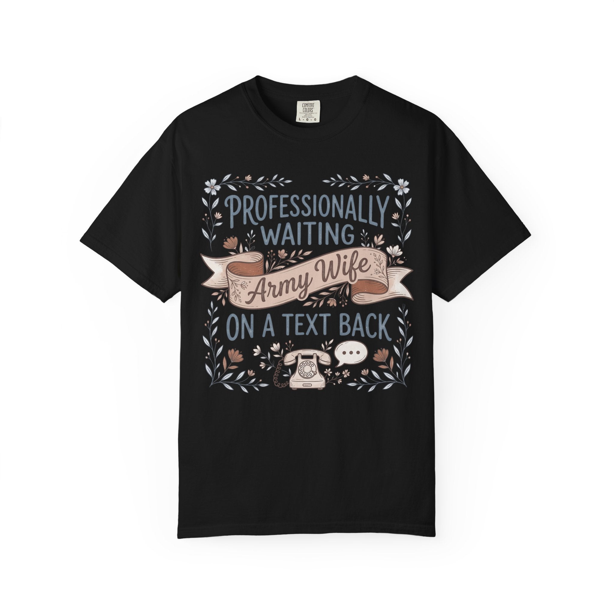 Black crew-neck T-shirt with floral “Professionally waiting” text and ribbon graphic