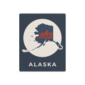Alaska metal wall sign with dark blue square, circular map, red mountains, ALASKA text