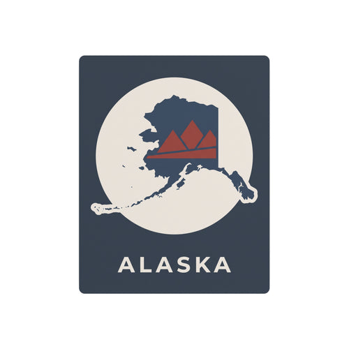 Alaska metal wall sign with dark blue square, circular map, red mountains, ALASKA text