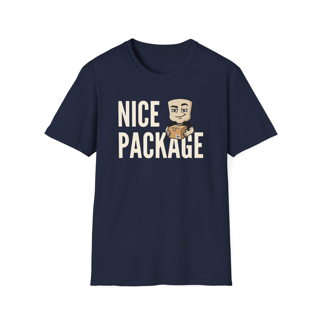 Navy crew-neck T-shirt with “NICE PACKAGE” graphic and delivery character
