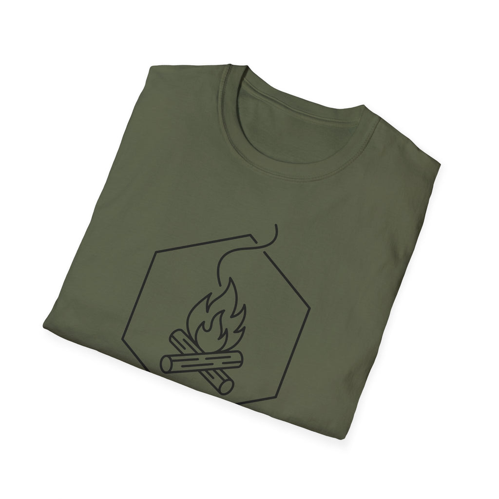 Olive green T-shirt with hexagon campfire line graphic on the chest