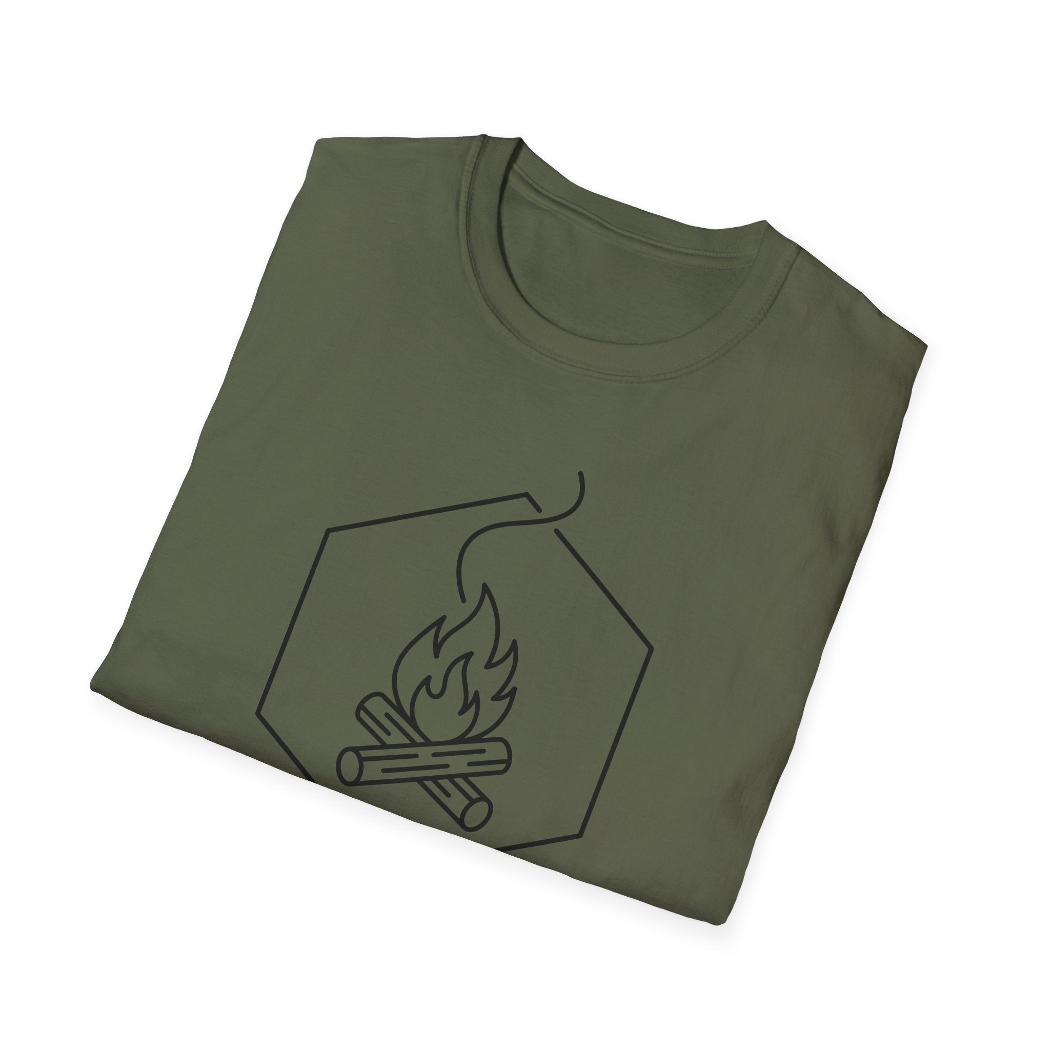 Olive green T-shirt with hexagon campfire line graphic on the chest