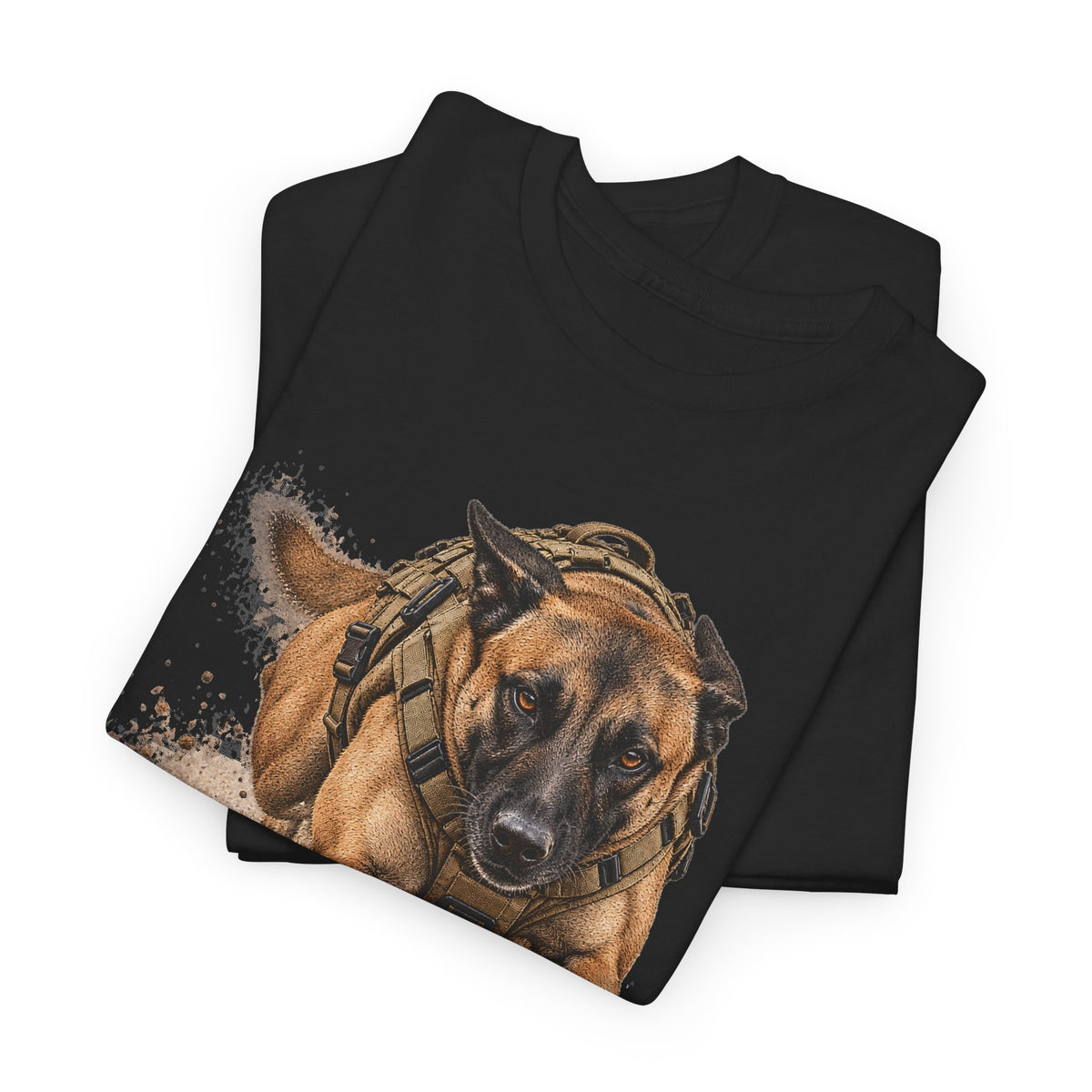 Black crew-neck T-shirt with Belgian Malinois K9 dog graphic, short sleeves