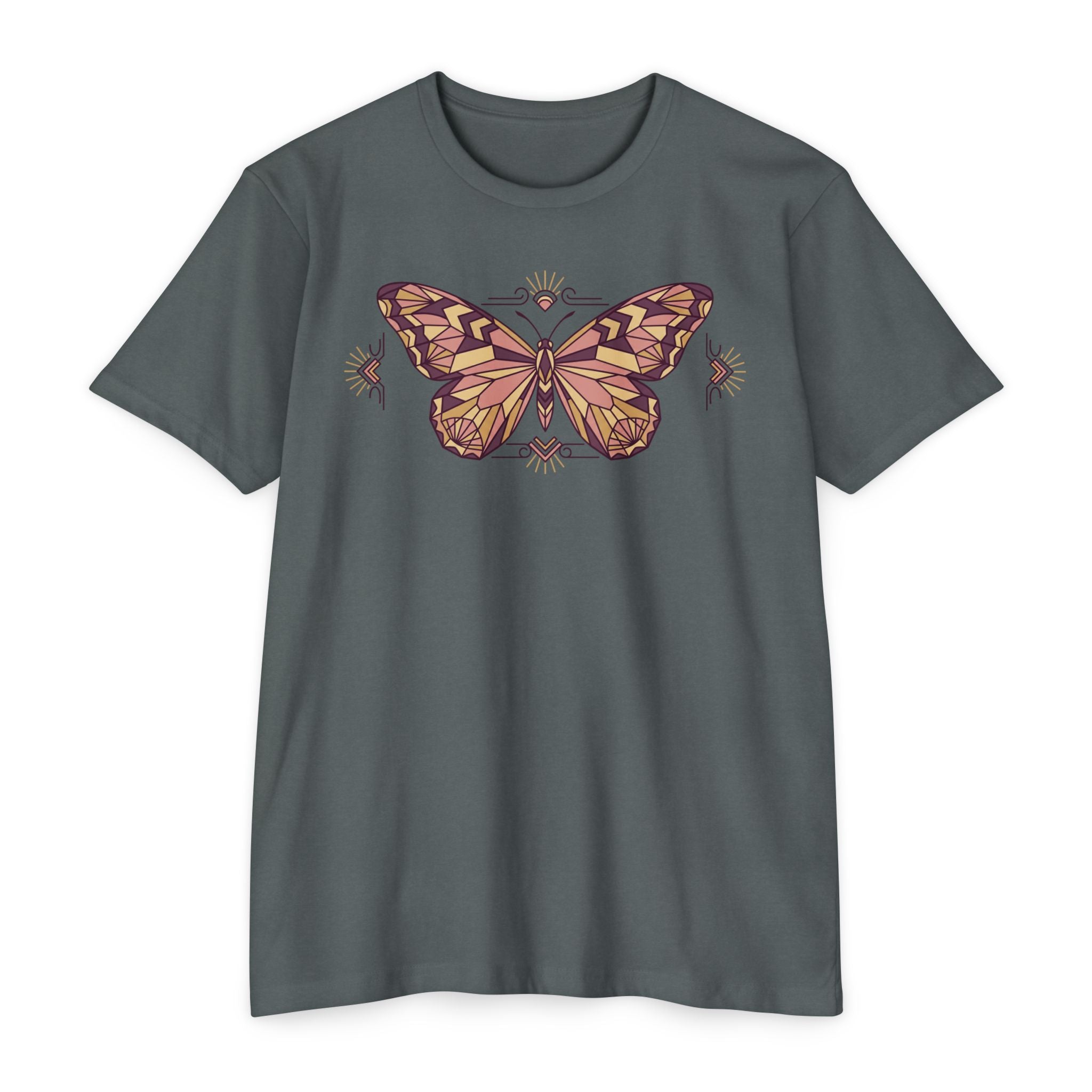 Gray butterfly graphic T-shirt with vintage floral wings illustration, crew neck