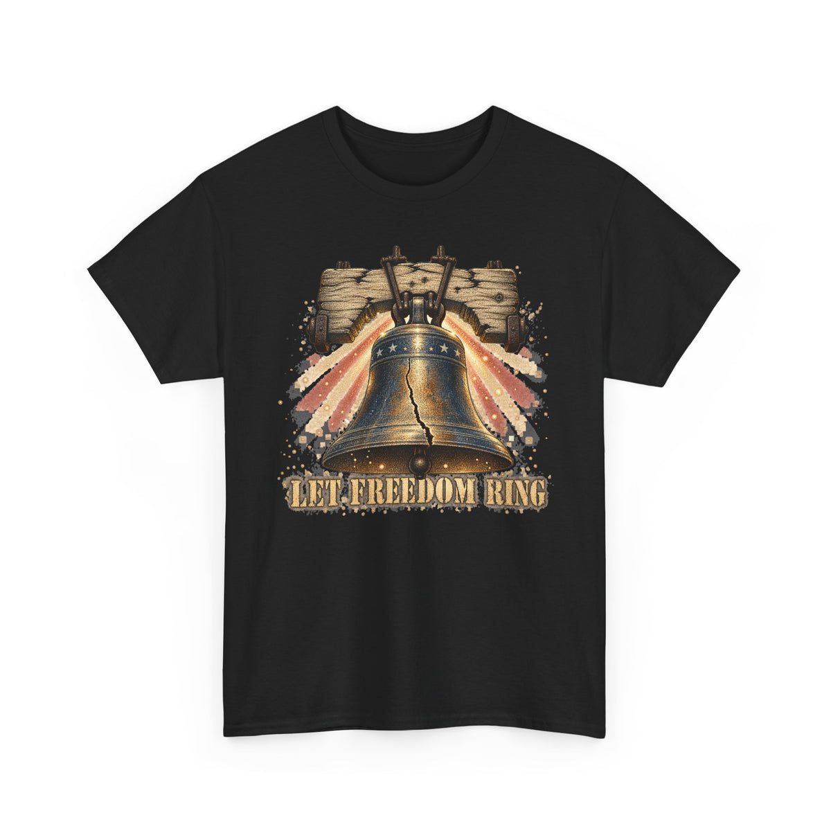 Black liberty bell graphic T-shirt with vintage "LET FREEDOM RING" print
