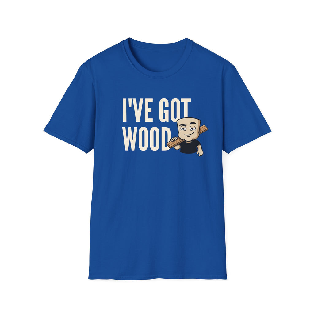 Royal blue T-shirt with 'I've Got Wood' graphic and cartoon carpenter holding wood